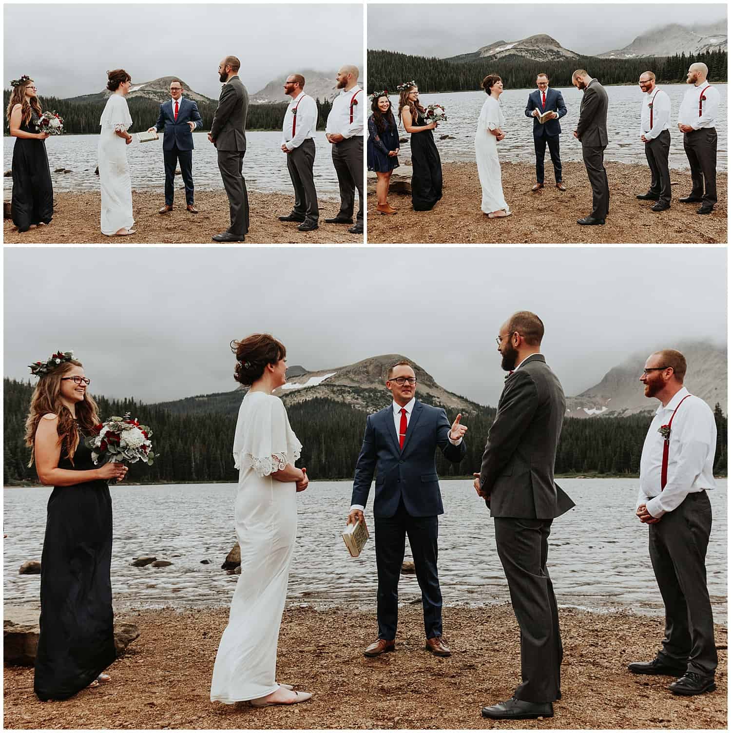 couple getting married next to lake in the mountains
