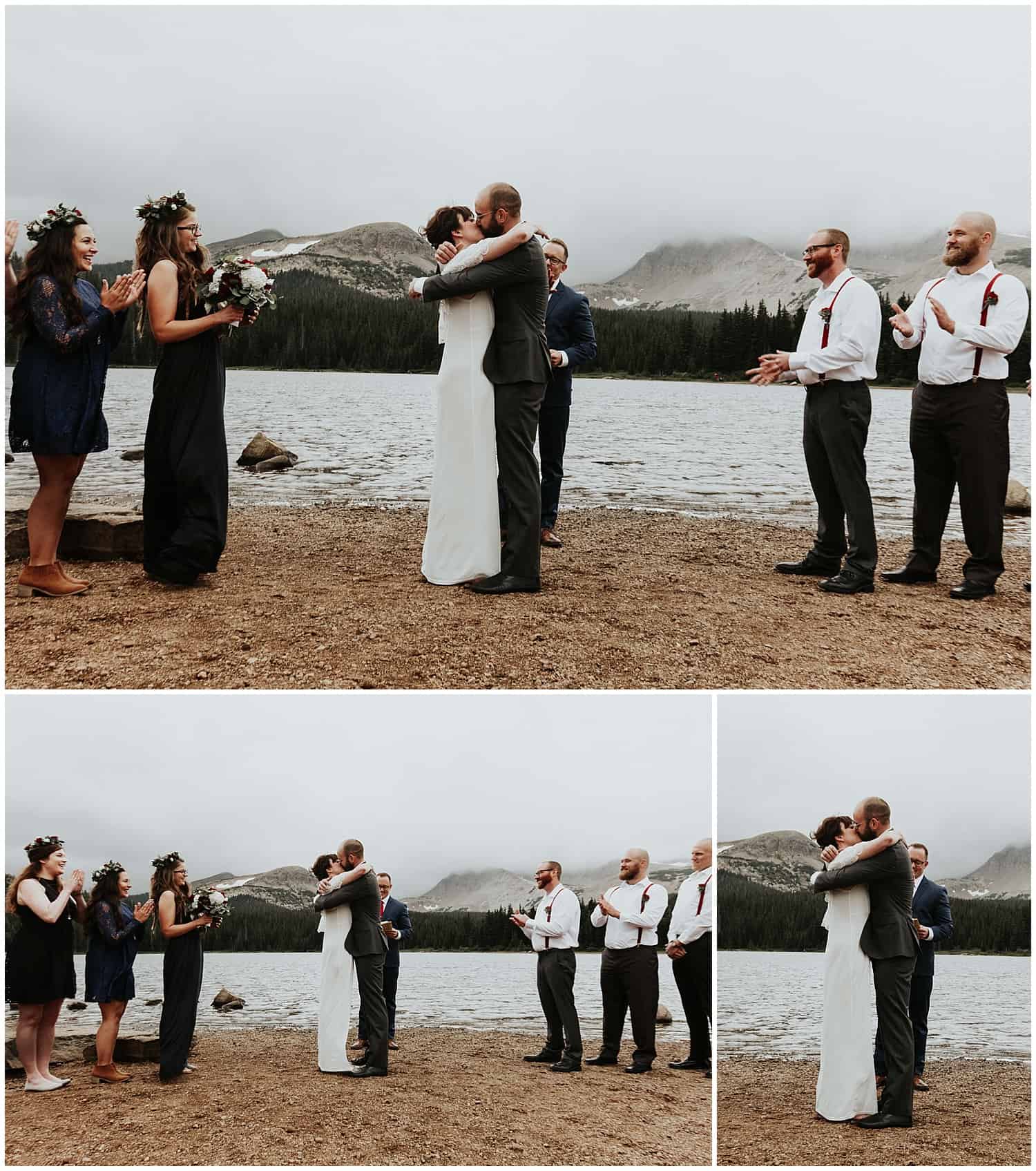 couple kissing after mountain wedding ceremony