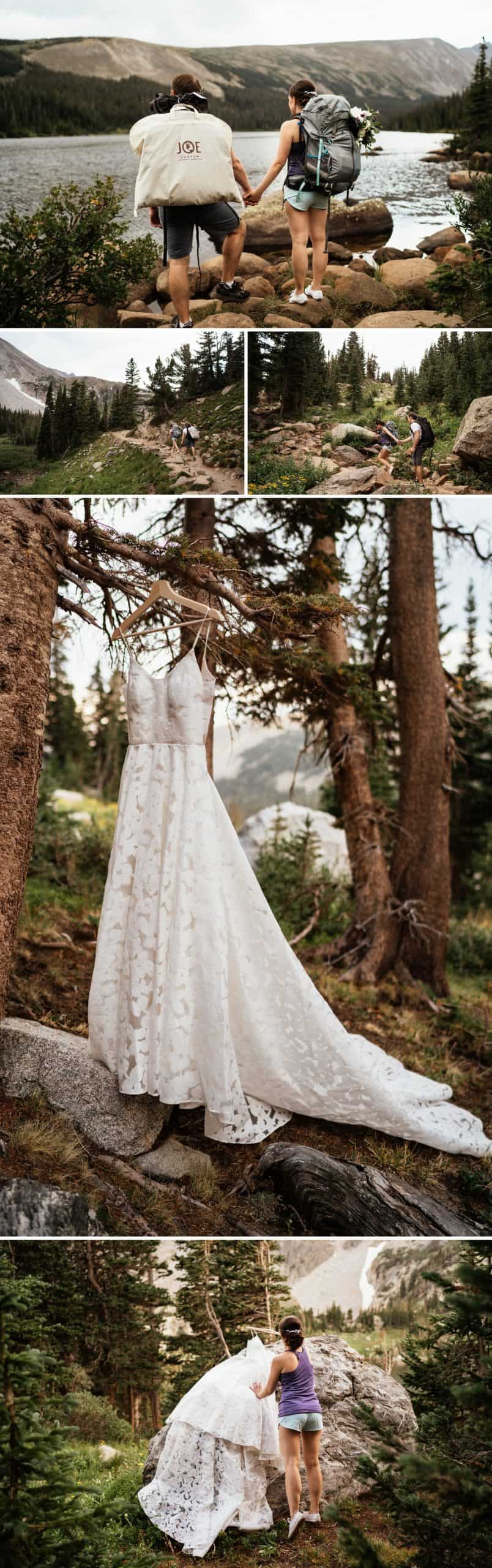 couple hiking in mountains at Colorado adventure elopement
