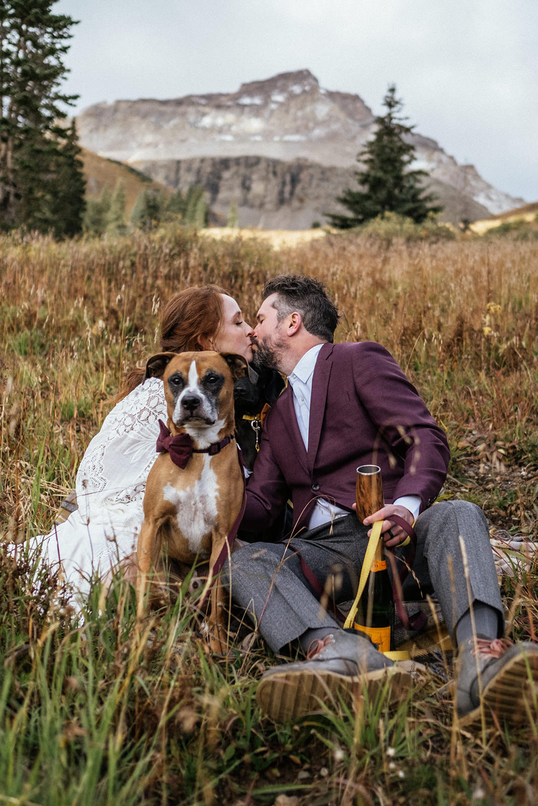 Bride and groom kiss at Colorado mountain elopement with adorable dog in a bowtie sitting in front of them stealing the show